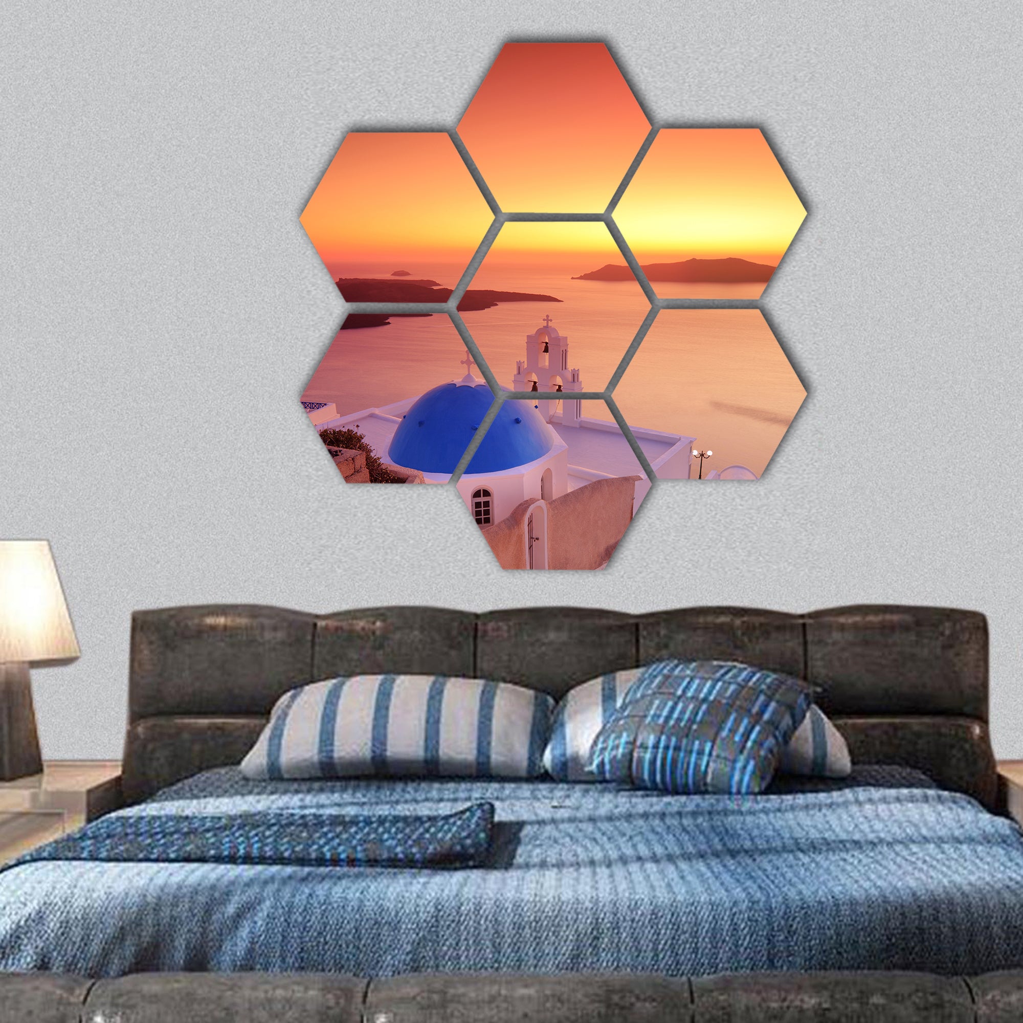 Blue dome Church St. Spirou on island hexagonal canvas wall art