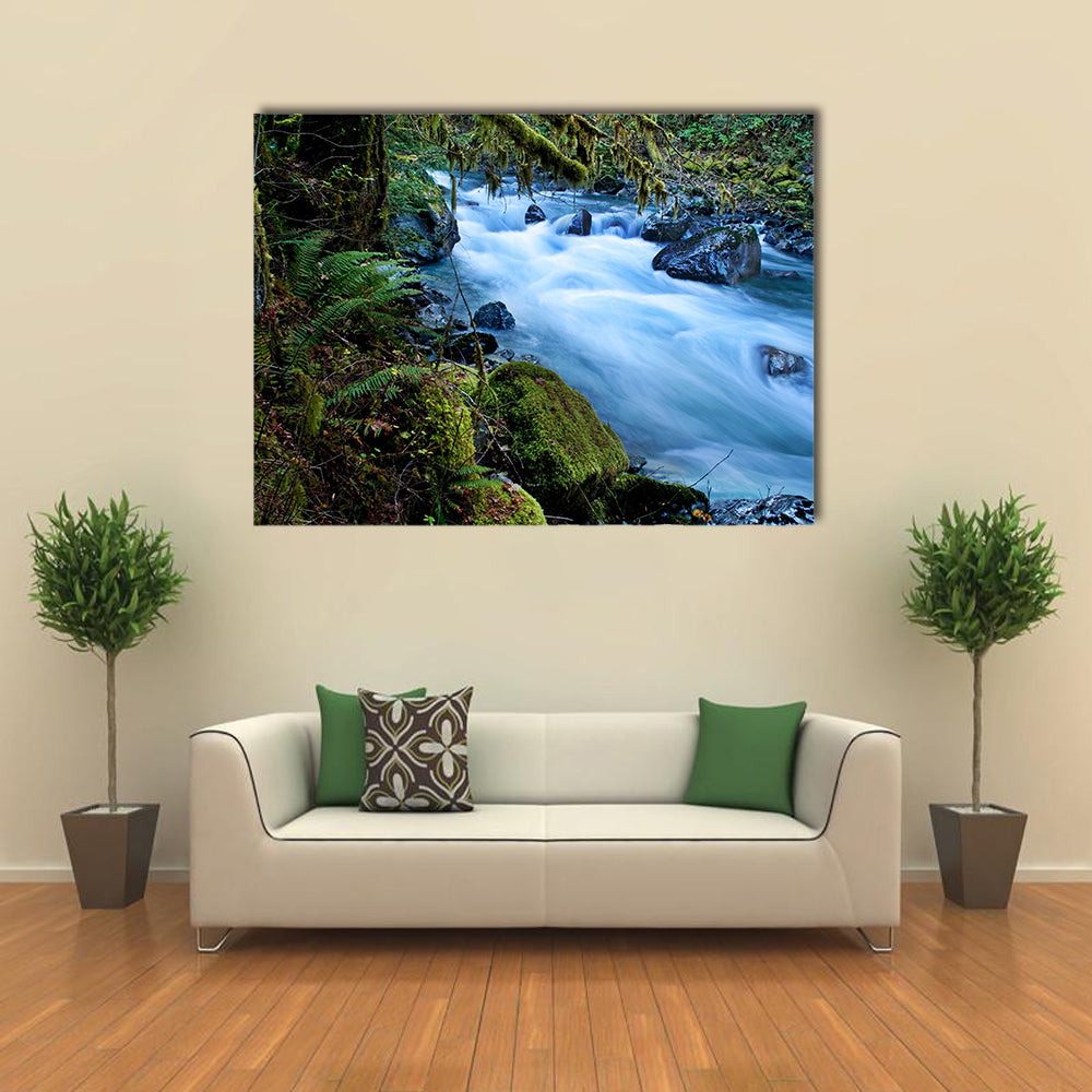 This beautiful nature image is a Pacific Northwest forest with a river running through over rocks multi panel canvas wall art
