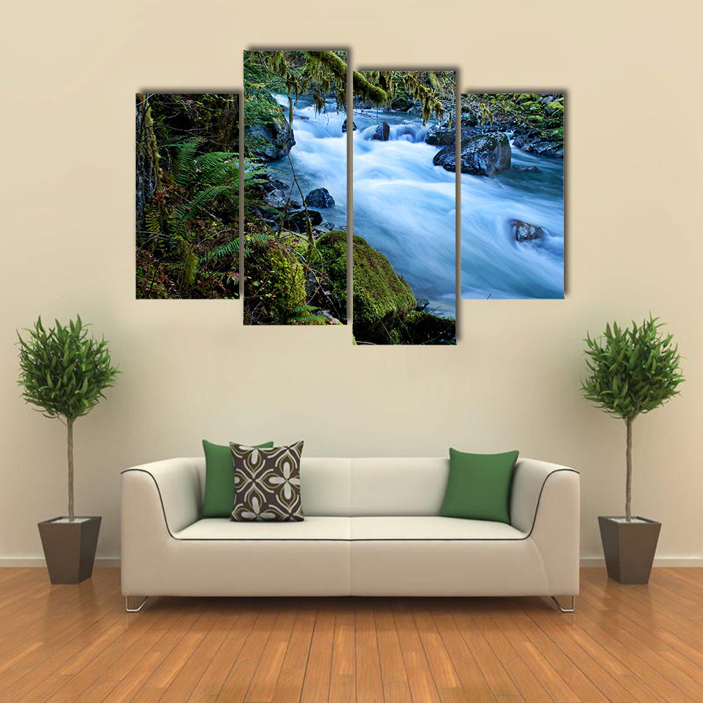 This beautiful nature image is a Pacific Northwest forest with a river running through over rocks multi panel canvas wall art