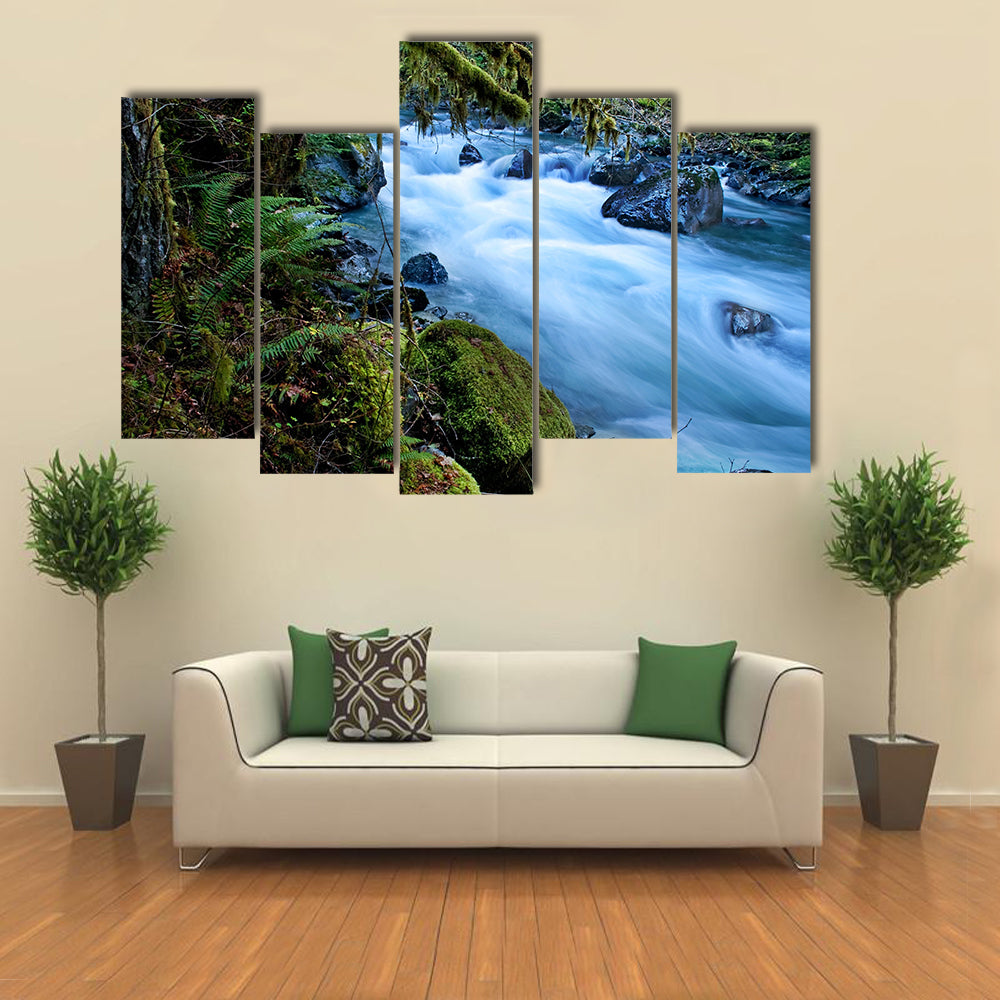 This beautiful nature image is a Pacific Northwest forest with a river running through over rocks multi panel canvas wall art