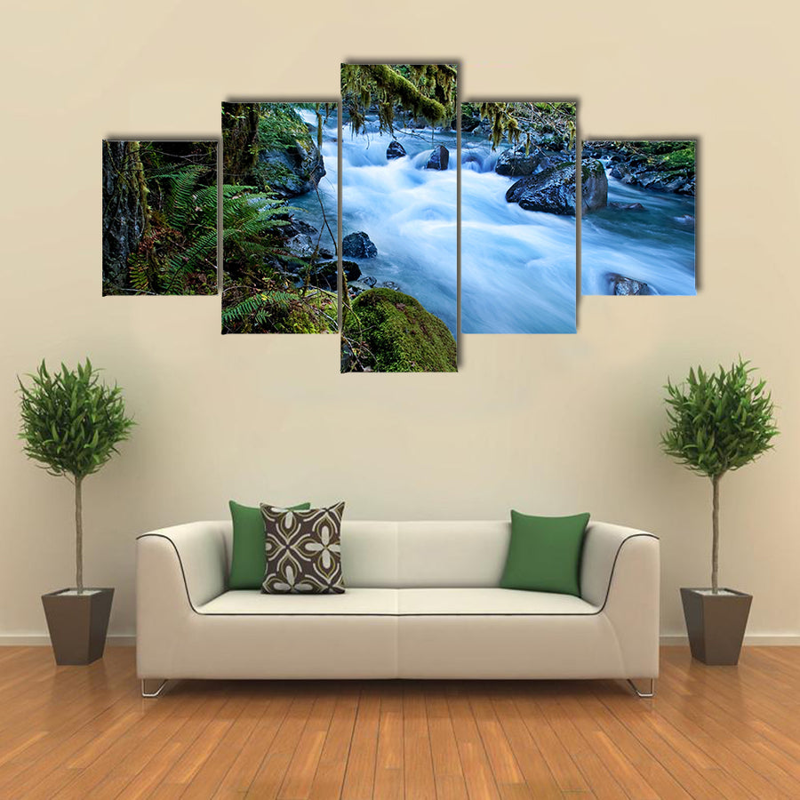 This beautiful nature image is a Pacific Northwest forest with a river running through over rocks multi panel canvas wall art