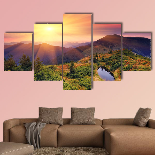 Dawn in mountains Carpathians, Ukraine. Autumn morning Multi panel canvas wall art