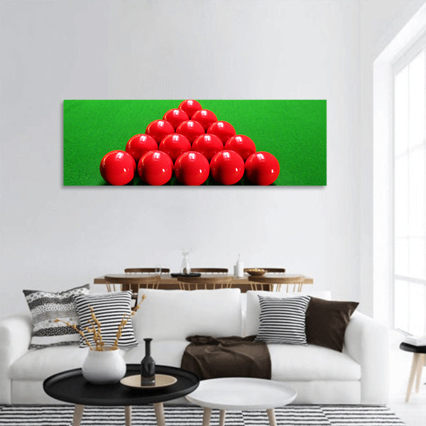 Snooker balls arranged in triangular shape ready for play panoramic canvas wall art
