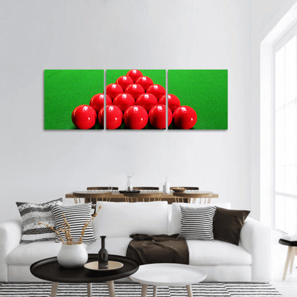 Snooker balls arranged in triangular shape ready for play panoramic canvas wall art