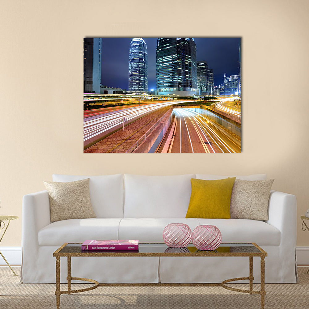 Traffic in city at night Multi Panel Canvas Wall Art