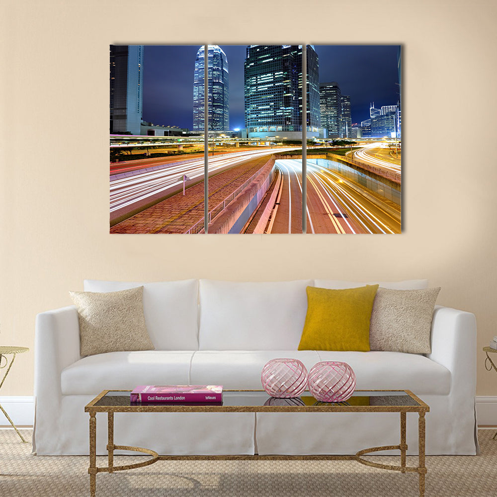 Traffic in city at night Multi Panel Canvas Wall Art