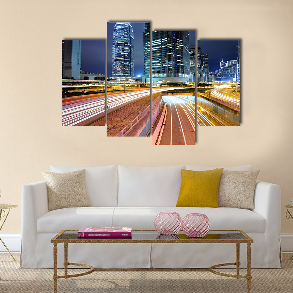 Traffic in city at night Multi Panel Canvas Wall Art
