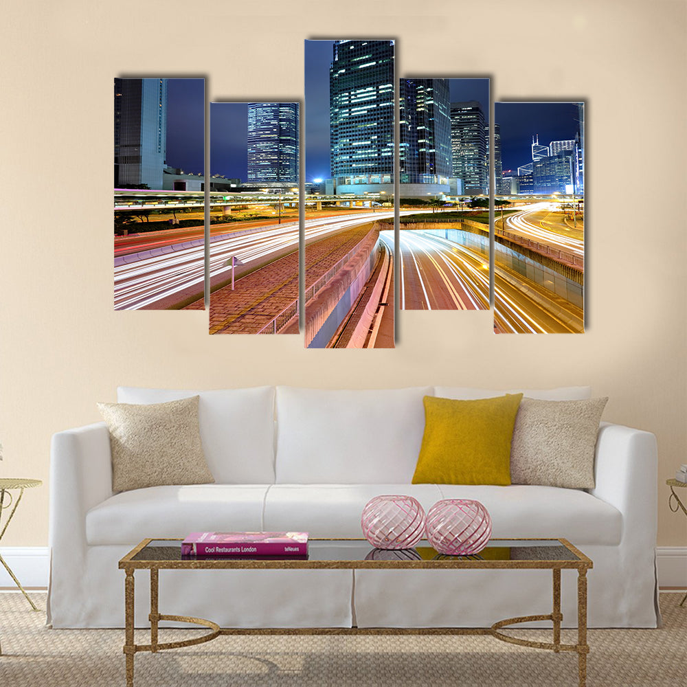 Traffic in city at night Multi Panel Canvas Wall Art