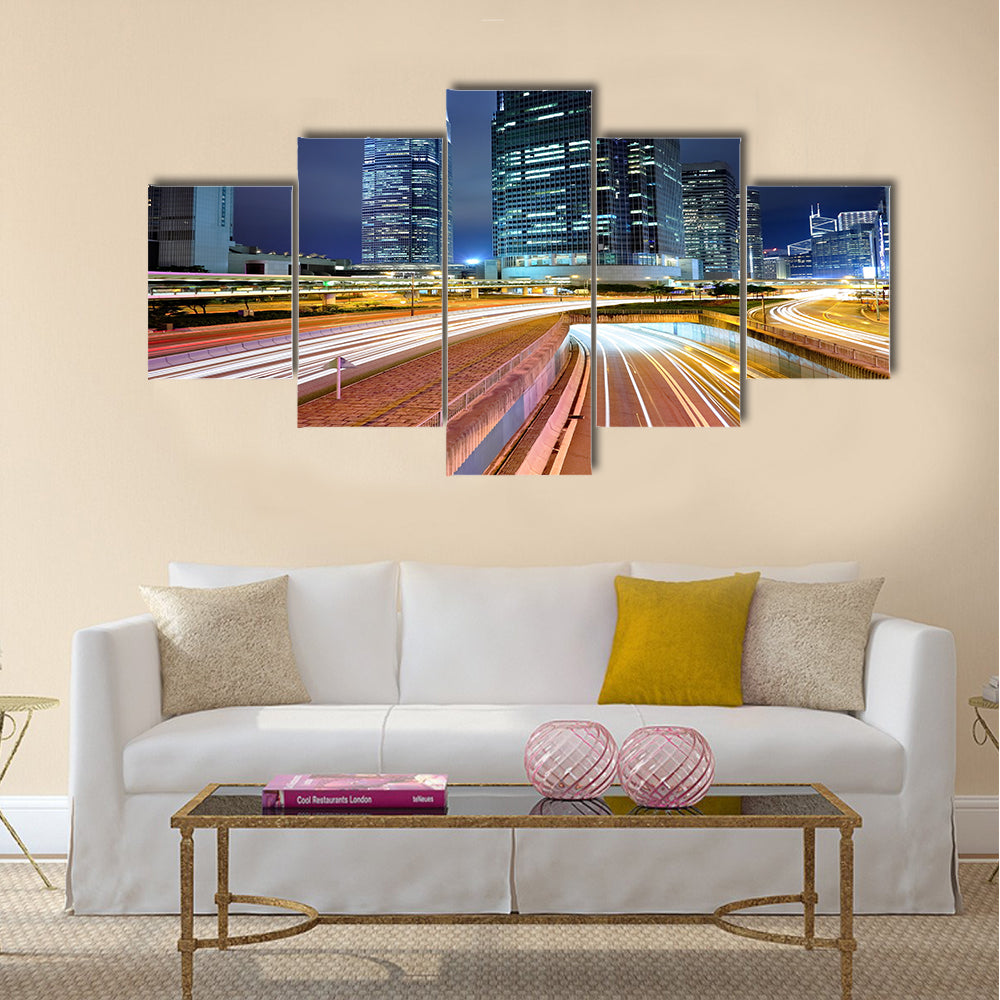 Traffic in city at night Multi Panel Canvas Wall Art