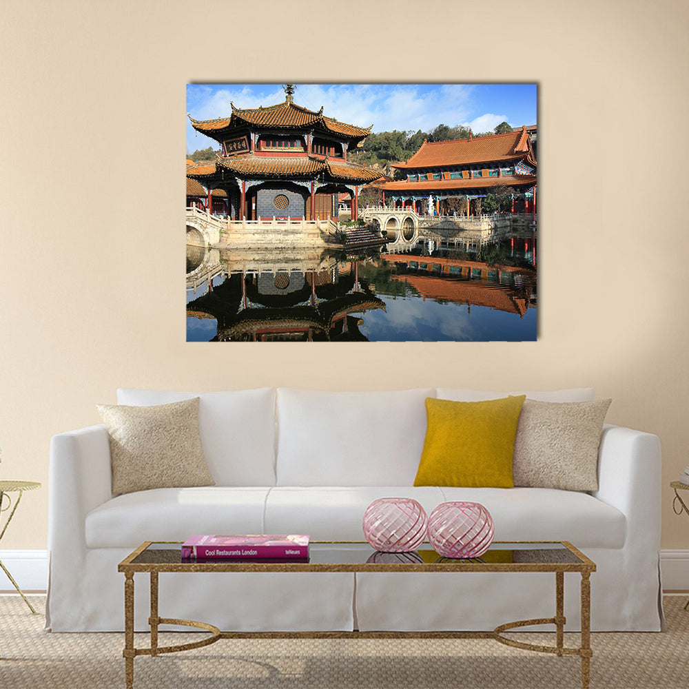 Courtyard of an old Chinese temple in Kunming, China, worship hall multi panel canvas wall art