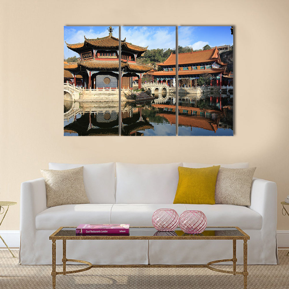Courtyard of an old Chinese temple in Kunming, China, worship hall multi panel canvas wall art