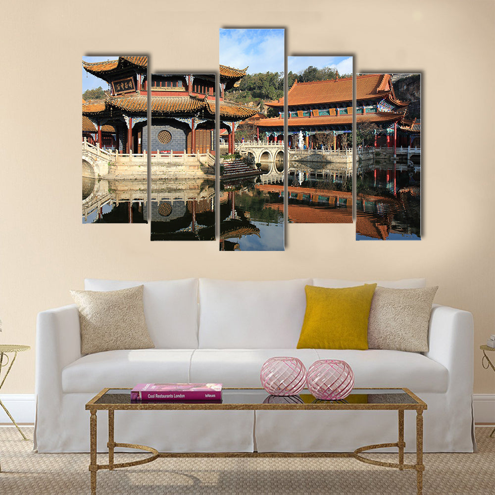 Courtyard of an old Chinese temple in Kunming, China, worship hall multi panel canvas wall art