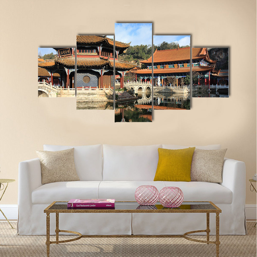 Courtyard of an old Chinese temple in Kunming, China, worship hall multi panel canvas wall art