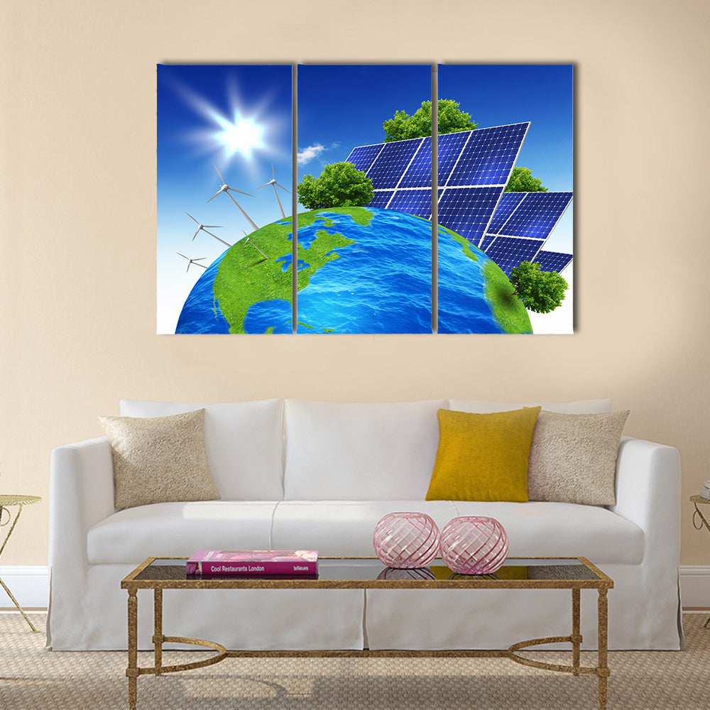 Collage with solar batteries as alternative source of energy multi panel canvas wall art