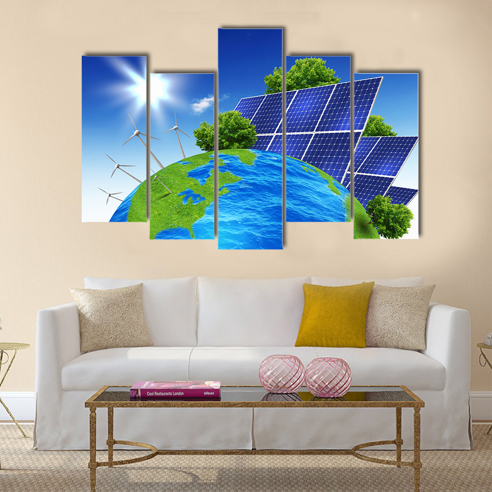 Collage with solar batteries as alternative source of energy multi panel canvas wall art
