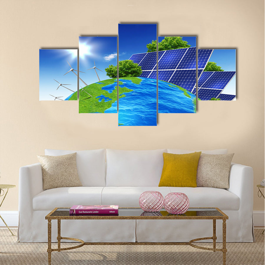 Collage with solar batteries as alternative source of energy multi panel canvas wall art