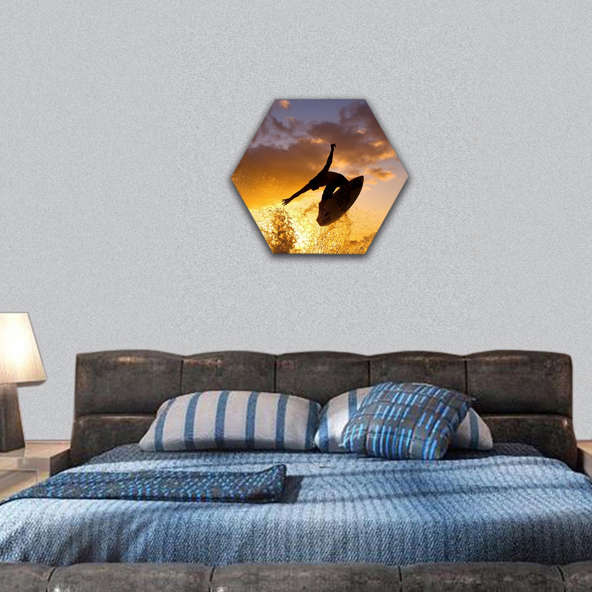 Sunset Surfer hexagonal canvas wall art