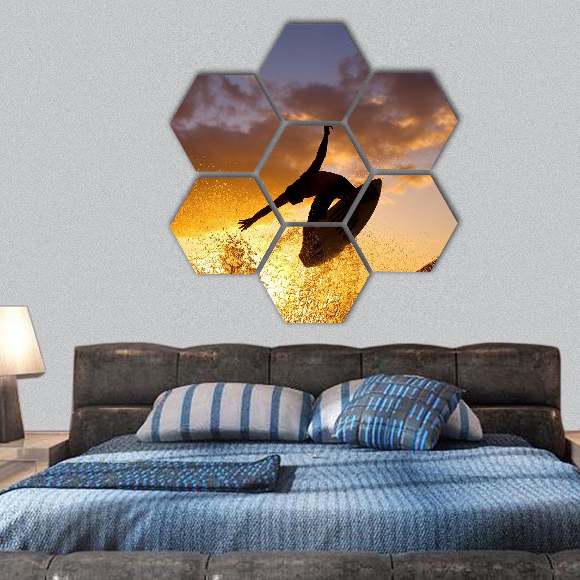 Sunset Surfer hexagonal canvas wall art