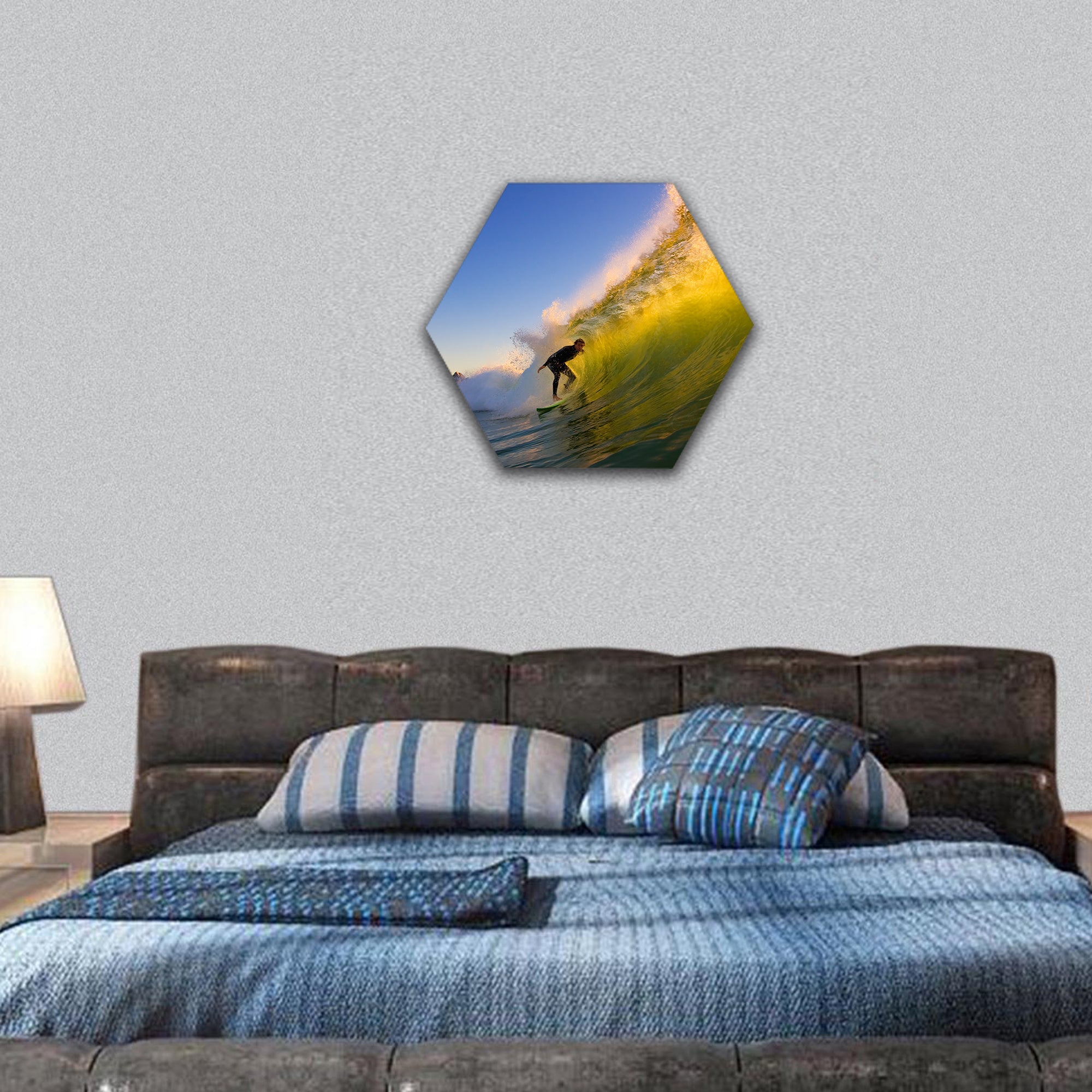 Sunset Surfer hexagonal canvas wall art