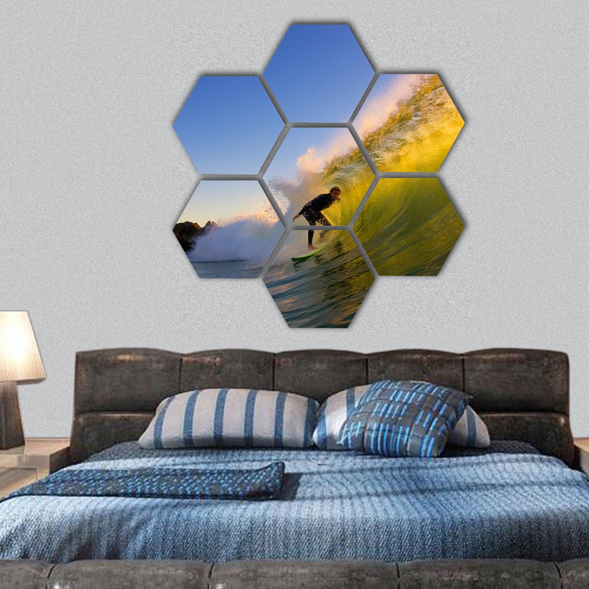 Sunset Surfer hexagonal canvas wall art
