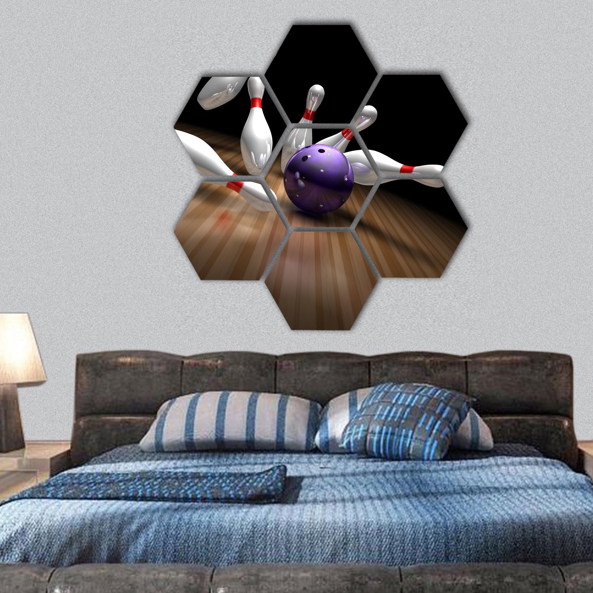 Purple bowling ball crashes  hexagonal canvas wall art