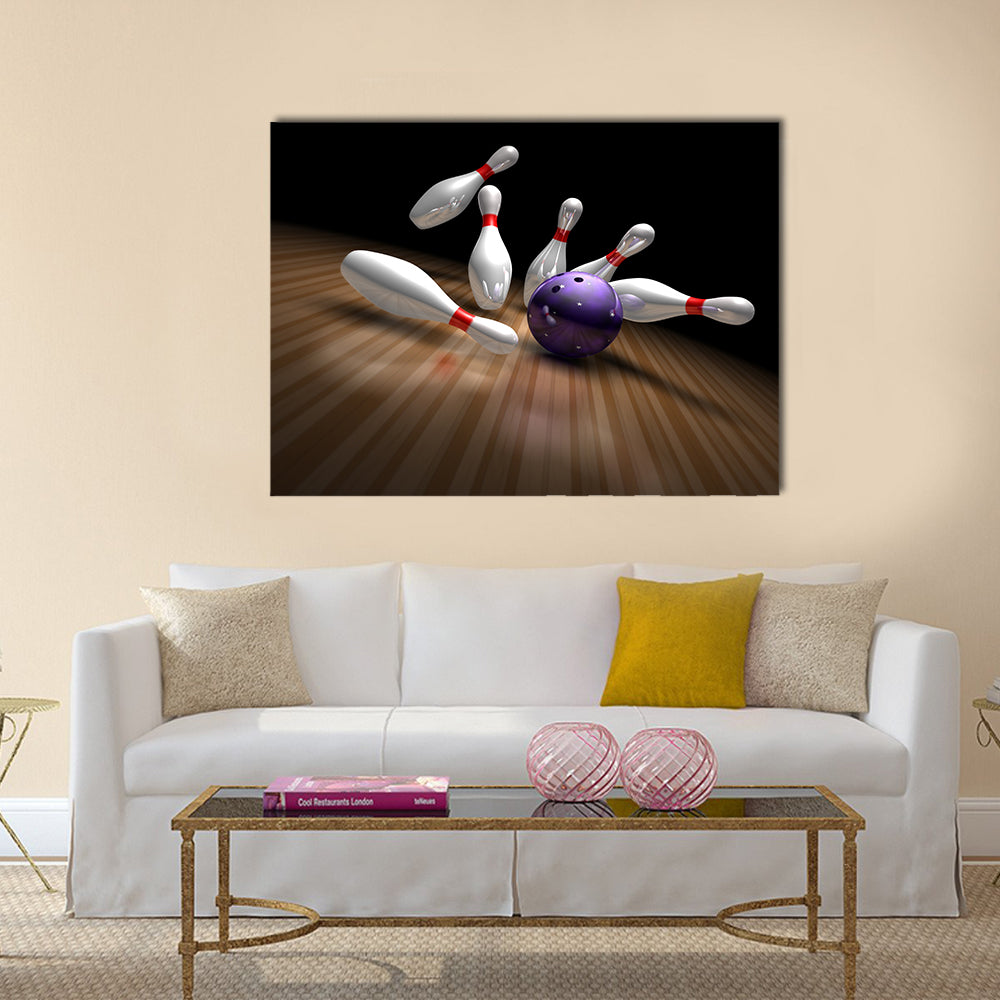 A purple bowling ball crashes into ten bowling pins Multi panel canvas wall art