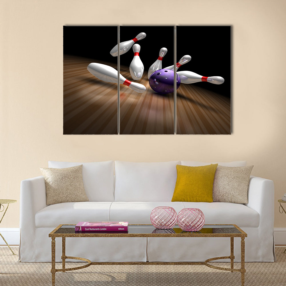A purple bowling ball crashes into ten bowling pins Multi panel canvas wall art