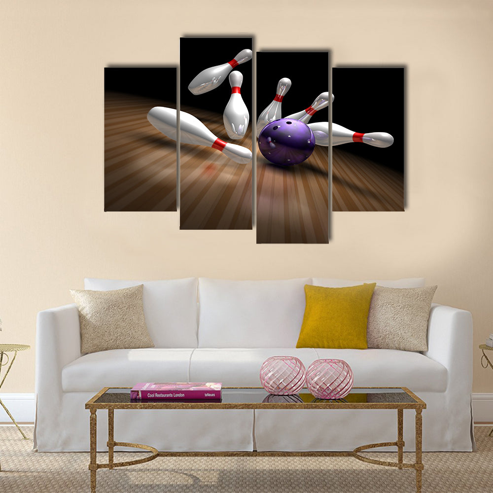 A purple bowling ball crashes into ten bowling pins Multi panel canvas wall art