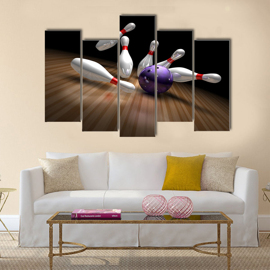 A purple bowling ball crashes into ten bowling pins Multi panel canvas wall art