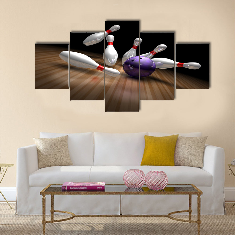 A purple bowling ball crashes into ten bowling pins Multi panel canvas wall art