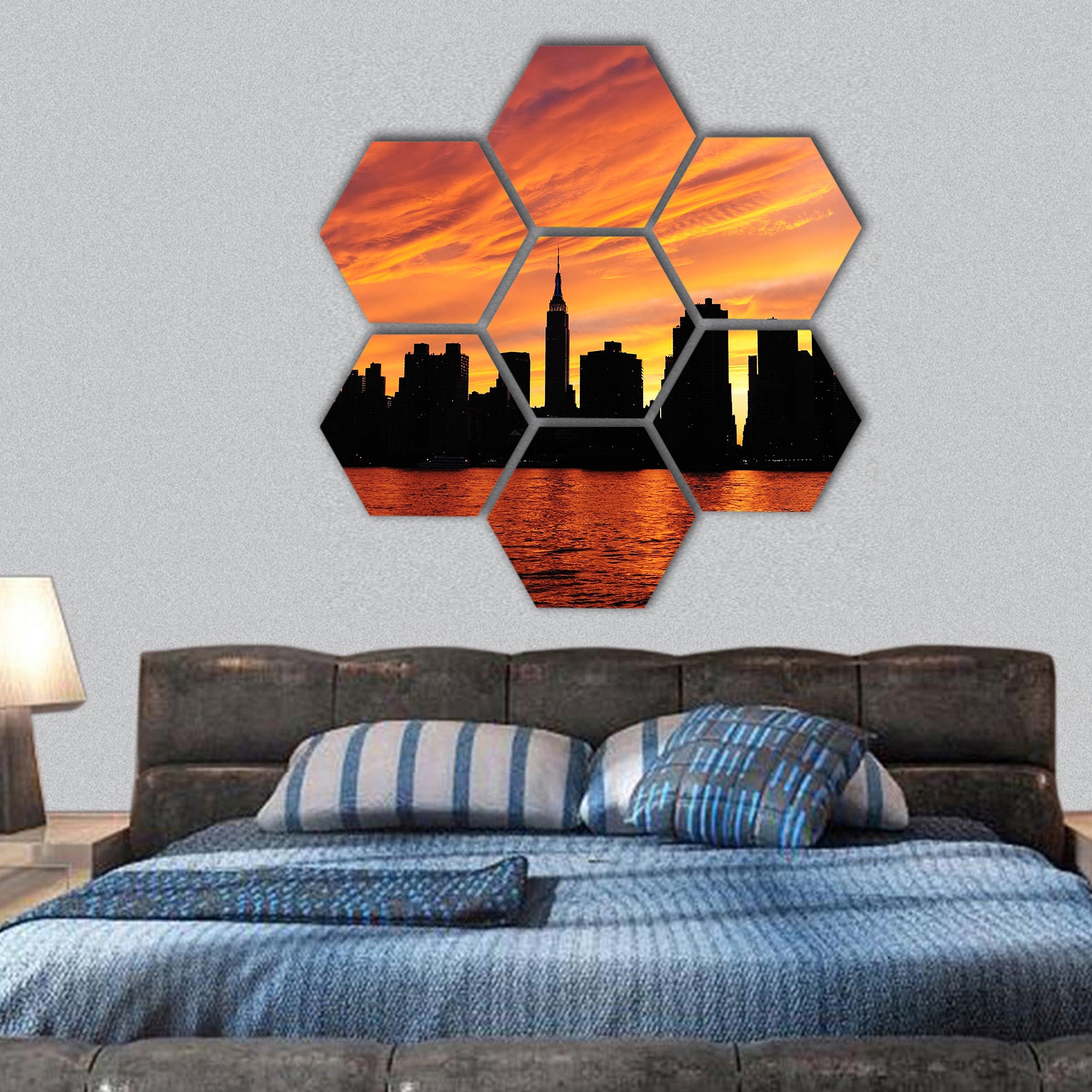 New York City Manhattan midtown silhouette hexagonal canvas wall art