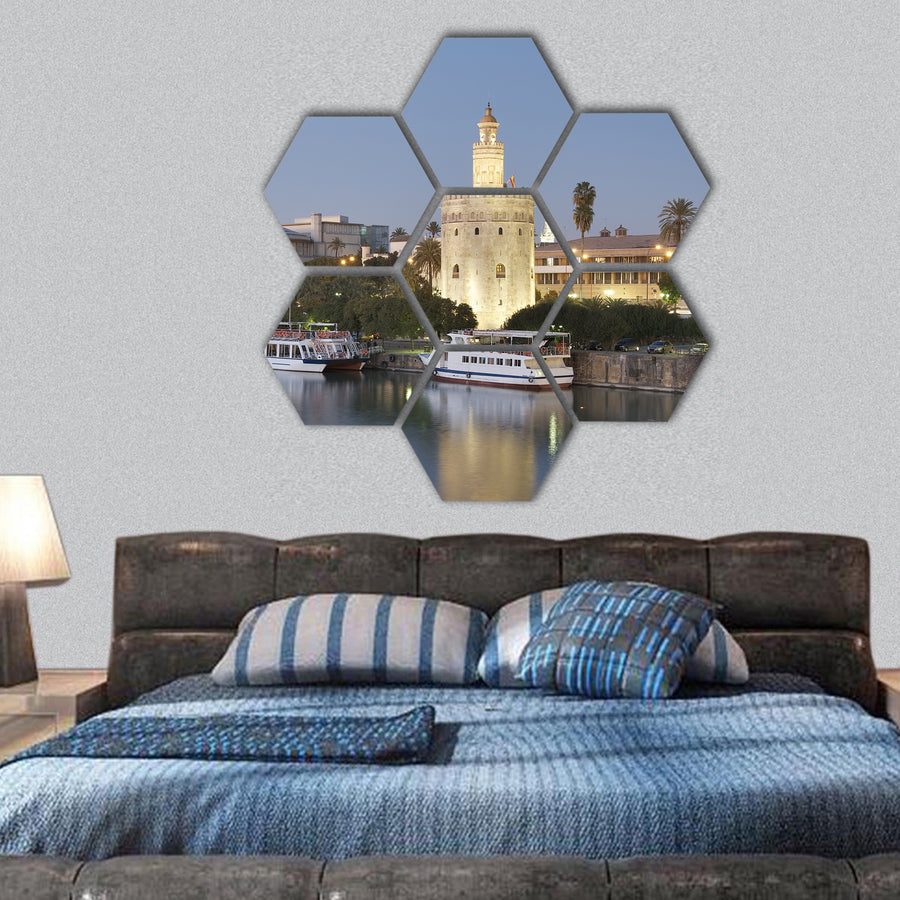 tower of gold on banks of the Guadalquivir River, Seville hexagonal canvas wall art