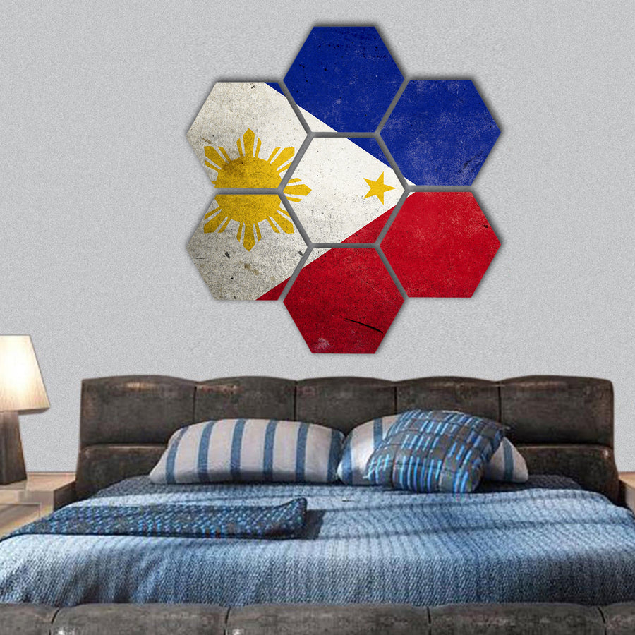 Flag of Philippines on old and vintage grunge texture hexagonal canvas wall art