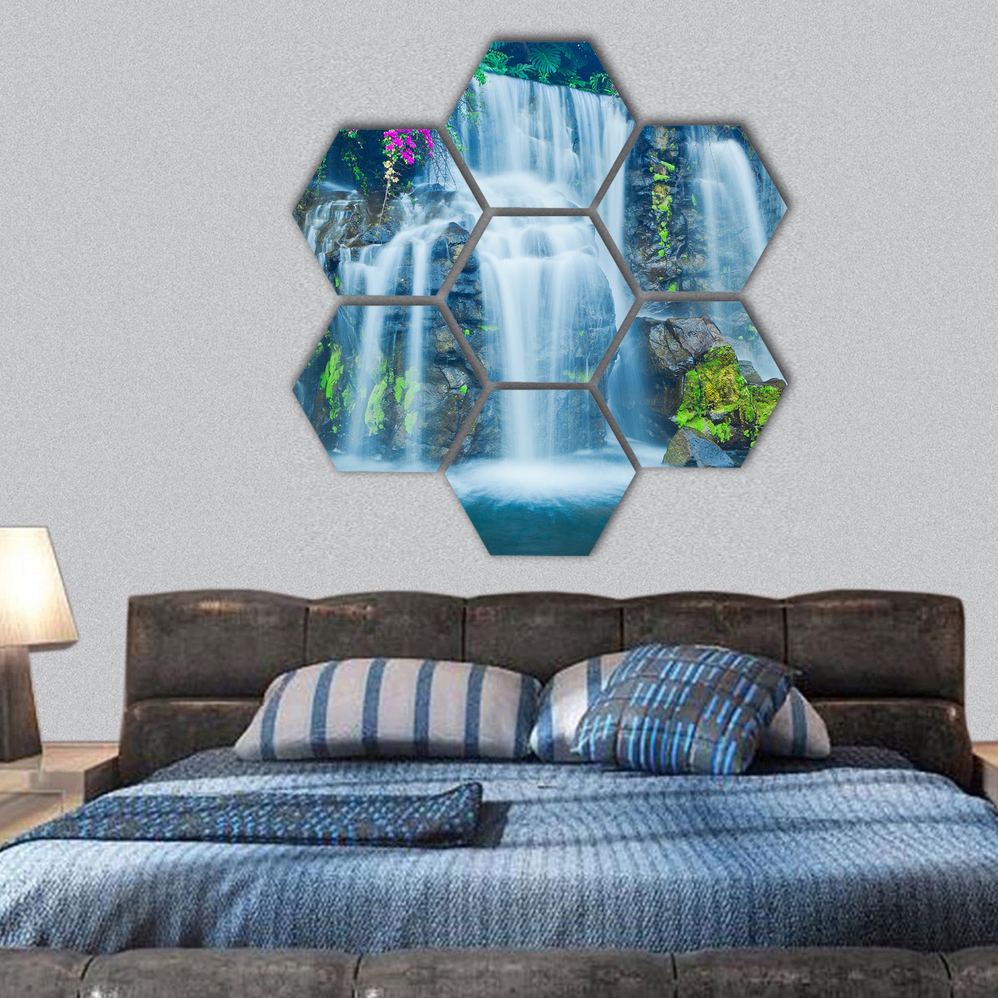 Beautiful Blue Waterfall in Hawaii hexagonal canvas wall art