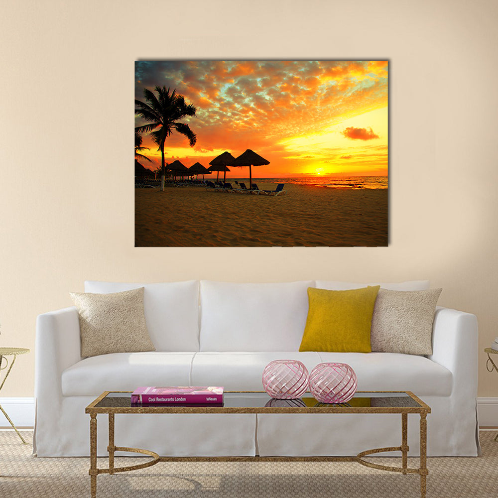 Sunset Scene at Tropical Beach Resort Silhouette multi panel canvas wall art