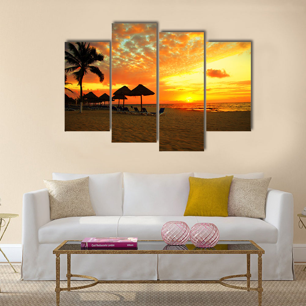 Sunset Scene at Tropical Beach Resort Silhouette multi panel canvas wall art