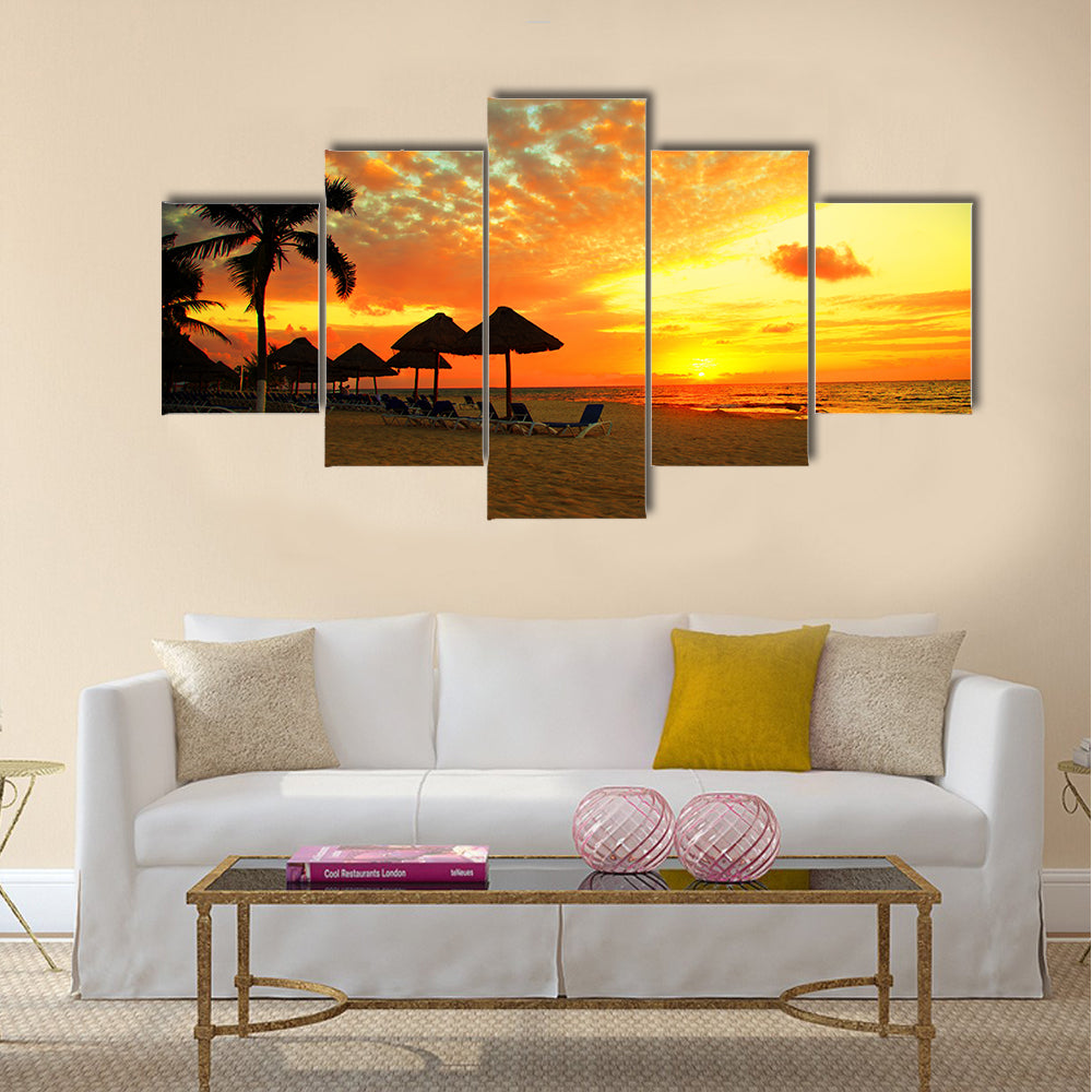 Sunset Scene at Tropical Beach Resort Silhouette multi panel canvas wall art