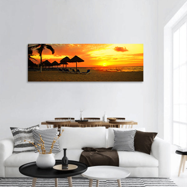 Sunset Scene at Tropical Beach Resort Silhouette panoramic canvas wall art