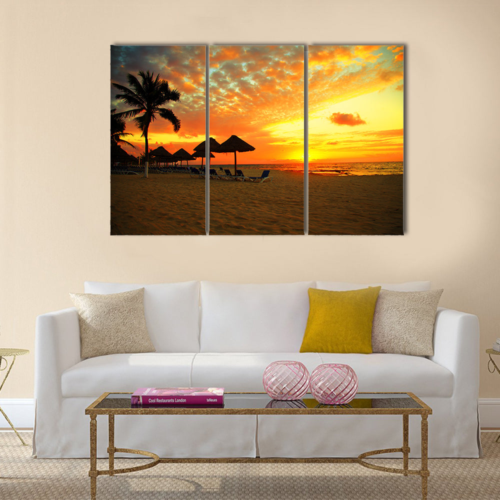 Sunset Scene at Tropical Beach Resort Silhouette Multi panel canvas wall art