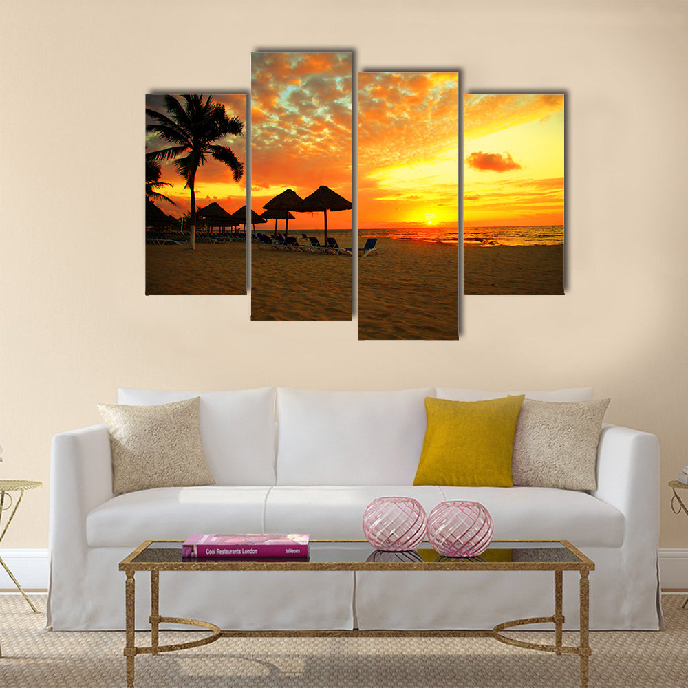 Sunset Scene at Tropical Beach Resort Silhouette Multi panel canvas wall art