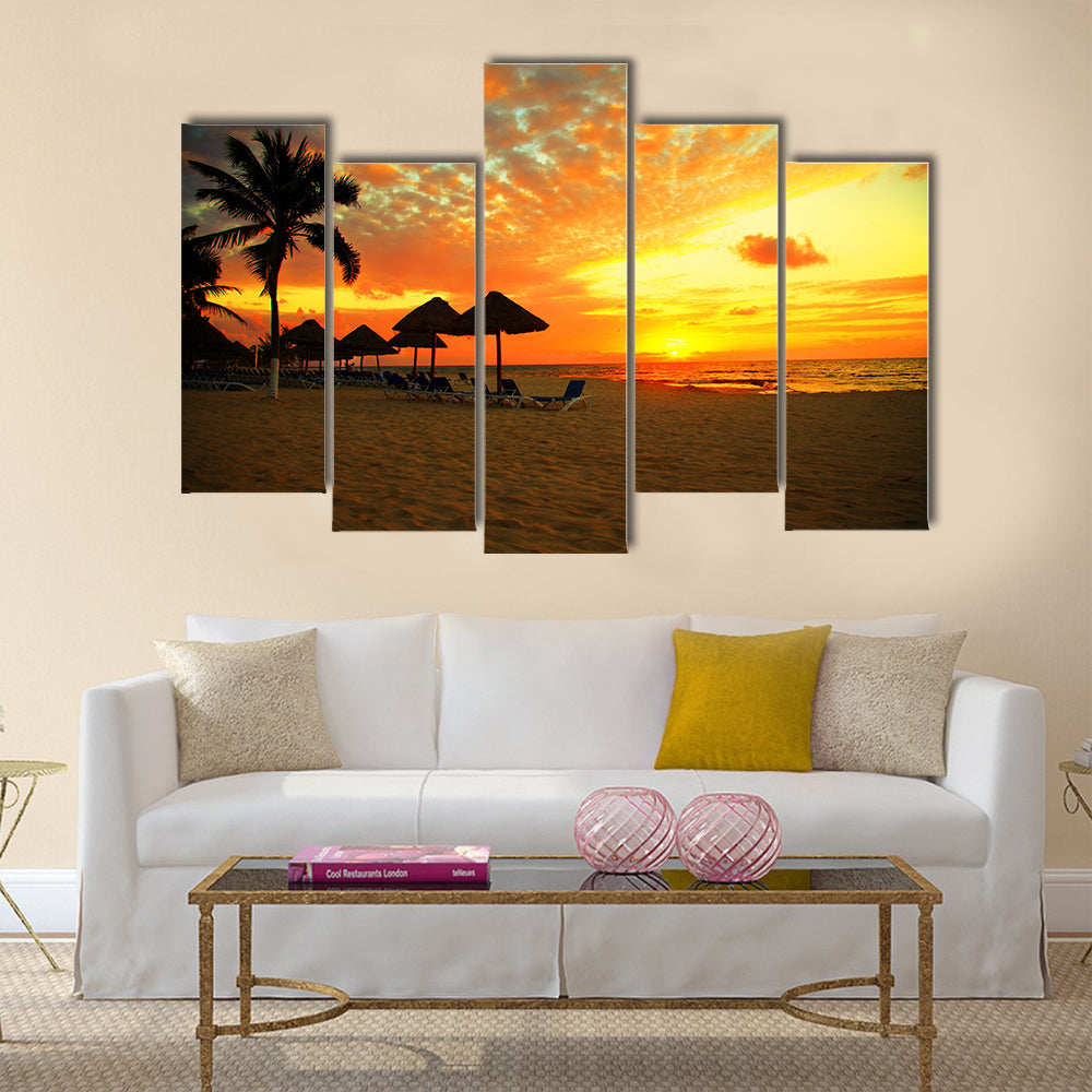 Sunset Scene at Tropical Beach Resort Silhouette Multi panel canvas wall art