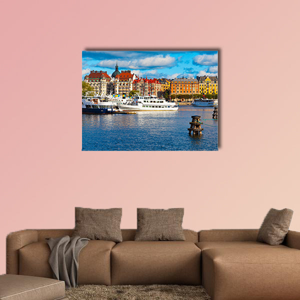 Scenic summer panorama of the Old Town in Stockholm multi panel canvas wall art