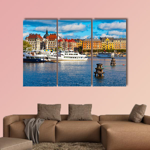 Scenic summer panorama of the Old Town in Stockholm multi panel canvas wall art