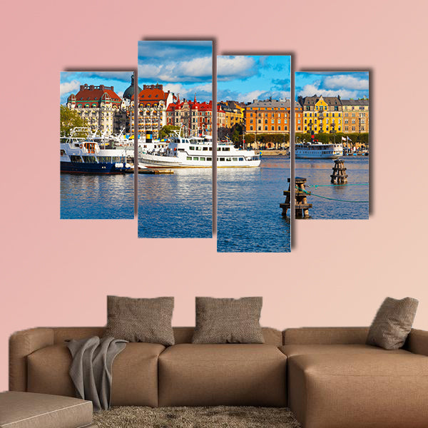 Scenic summer panorama of the Old Town in Stockholm multi panel canvas wall art