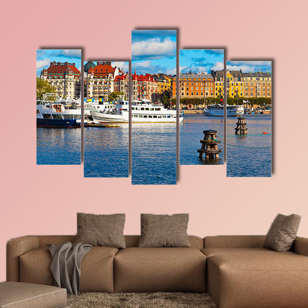 Scenic summer panorama of the Old Town in Stockholm multi panel canvas wall art
