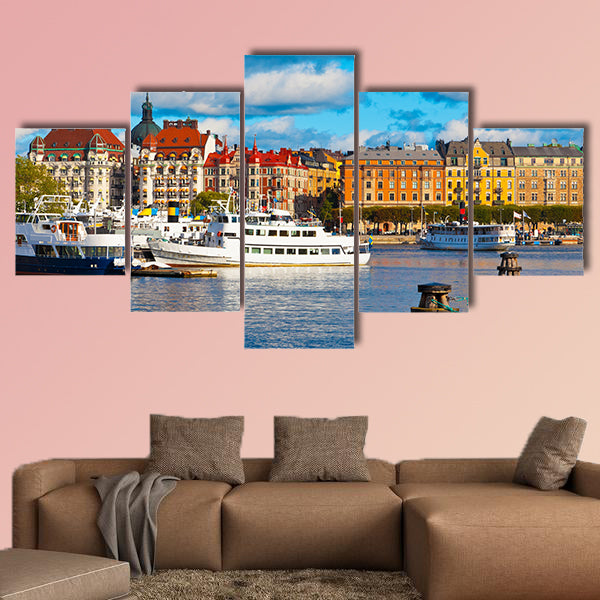 Scenic summer panorama of the Old Town in Stockholm multi panel canvas wall art