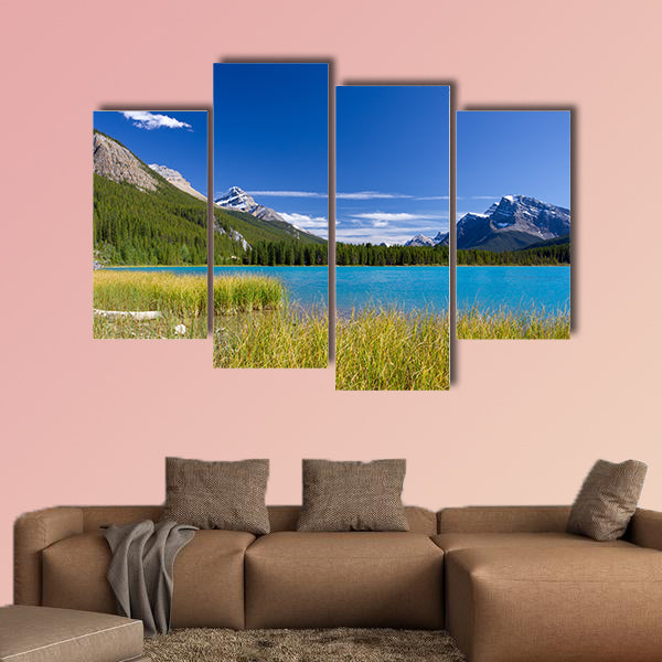 Canadian landscape with canoe in Pyramid lake Multi panel canvas wall art