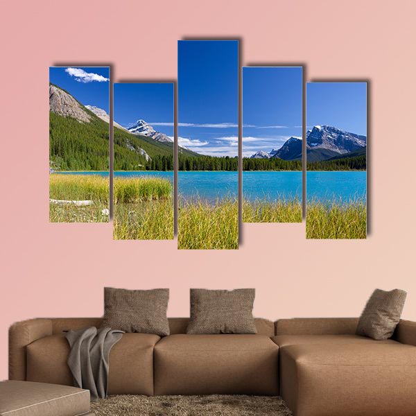 Canadian landscape with canoe in Pyramid lake Multi panel canvas wall art