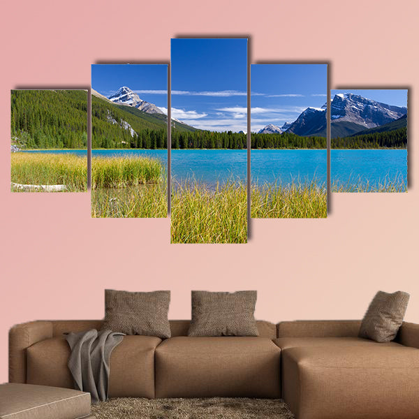 Canadian landscape with canoe in Pyramid lake Multi panel canvas wall art