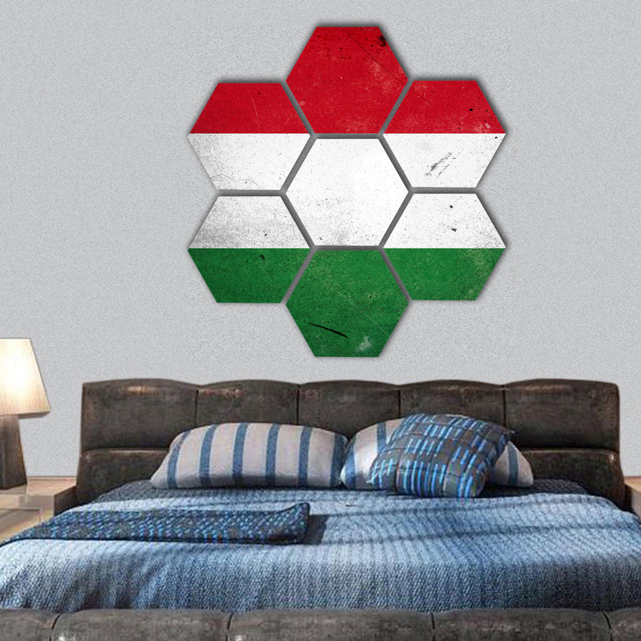 The flag of Hungary on old and vintage grunge texture hexagonal canvas wall art